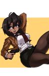  1girl ahoge belt black_hair black_skirt blue_eyes bob_cut breasts brown_jacket brown_legwear dark_skin falling gun gunsmith_cats handgun highres holding holding_gun holding_weapon jacket necktie pantyhose pencil_skirt pistol rally_vincent red_neckwear shirt short_hair simple_background skirt solo thick_thighs thighs trigger_discipline weapon zana 