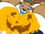  2018 absurd_res anthro antlers big_breasts bodypaint breasts bust_portrait capreoline cervid close-up digital_media_(artwork) dutch_angle english_text eyeshadow food front_view fruit fur half-closed_eyes halloween hi_res holidays horn huge_breasts jack-o&#039;-lantern lips looking_at_viewer makeup male mammal nipples plant portrait reindeer signature solo text thick_lips walter_sache watermark 