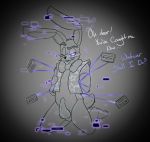  bdsm bondage bound bow_tie buckteeth cassette_tape clothing dialogue erection eyebrows five_nights_at_freddy&#039;s fnaf_vr_help_wanted glitch glitchtrap glowing glowing_eyes hands_behind_back icetigerkitten kneeling lagomorph leporid looking_at_viewer male mammal one_eye_closed penis purple_eyes rabbit raised_eyebrow seam_(sewing) solo star stitch_(disambiguation) talking_to_viewer teeth tongue tongue_out topwear vest video_games 