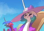  2019 absurd_res blush chair clothing equid friendship_is_magic hat headgear headwear hi_res horn long_horn mammal my_little_pony pain princess_celestia_(mlp) princess_luna_(mlp) purple_eyes sun_hat sunburn underpable unicorn 