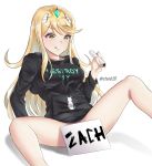  1girl absurdres black_shirt blonde_hair blush censored commission eyebrows_visible_through_hair highres hikari_(xenoblade_2) holding holding_pen jacket legs long_hair pen shadow shirt sign sitting solo spread_legs steeb26 tongue tongue_out very_long_hair xenoblade_(series) xenoblade_2 yellow_eyes 