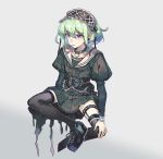  1boy belt black_dress collar crossdressing dress earrings frills gothic_lolita green_hair hairband jewelry lio_fotia lolita_fashion lolita_hairband long_sleeves onko otoko_no_ko platform_footwear promare purple_eyes sailor_collar 