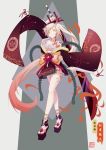  1girl absurdres breasts grey_hair highres horns japanese_clothes kimono legs long_hair obi onmyoji onmyouji ponytail sash sword tattoo very_long_hair w-t weapon yellow_eyes youtouhime 