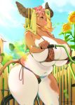  2019 anthro bicycle big_breasts bikini blonde_hair bovid bovine breasts cattle cherrikissu clothing digital_media_(artwork) female flower hair hi_res horn huge_breasts mammal outside plant slightly_chubby solo sunflower swimwear thick_thighs voluptuous 