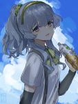 1girl blue_sky bottle bow bowtie cloud eyebrows_visible_through_hair gradient_sky green_hairband grey_eyes hair_between_eyes hair_flaps hair_ornament hairband kantai_collection long_hair looking_at_viewer open_mouth ponytail shirt sidelocks silver_hair sky solo suspenders wavy_hair white_shirt yamagumo_(kantai_collection) yamashiki_(orca_buteo) 