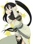  1girl aetherion black_hair blue_eyes breasts cleavage highres large_breasts leaning_forward open_mouth ponytail scarf solo soul_eater tsubaki_(soul_eater) 