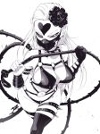  1girl aetherion black_flower black_rose black_sclera bondage_outfit breasts collar dominatrix face_mask flower groin hair_flower hair_ornament half-closed_eyes heart holding_whip kaijin_hime_do-s large_breasts long_hair mask monochrome o-ring o-ring_bikini one-punch_man rose simple_background solo spiked_collar spikes thighhighs whip white_background 