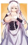  1girl areolae azur_lane bangs belfast_(azur_lane) blue_eyes blush braid breasts breasts_outside elbow_gloves eyebrows_visible_through_hair french_braid frilled_gloves frills gloves half-closed_eyes large_areolae large_breasts long_hair looking_at_viewer maid maid_headdress nipples shiny shiny_skin side_braid solo standing tilt-shift twitter_username very_long_hair white_gloves white_hair 