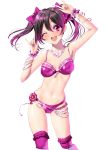 1girl \m/ bikini black_hair bow bracelet breasts collarbone contrapposto cowboy_shot frilled_legwear hair_bow highres jewelry looking_at_viewer love_live! love_live!_school_idol_project medium_breasts navel necklace nico_nico_nii one_eye_closed pink_bikini pink_legwear red_eyes sen_(sansui) shiny shiny_clothes smile solo standing swimsuit thighhighs twintails white_background yazawa_nico 