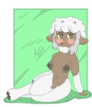  2019 anthro anthrofied blush bovid breasts caprine female hi_res hooves looking_at_viewer mammal mathythemathy nintendo nipples nude pok&eacute;mon pok&eacute;mon_(species) pok&eacute;morph shaved shaved_pussy simple_background sitting smile solo video_games wooloo 