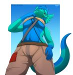  2019 5_fingers anthro blue_hair breasts camel_toe clothed clothing digital_media_(artwork) female fingers hair hi_res lizard navel non-mammal_breasts reptile scalie skipsy solo yellow_eyes 