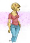  2012 anthro black_eyes black_nose blonde_hair bottomwear bra_strap breasts canid canine canis cleavage clothed clothing collarbone digital_media_(artwork) domestic_dog female floppy_ears fur hair hi_res looking_aside looking_away mammal oomizuao pants pink_background pose sam_(oomizuao) shirt short_hair simple_background small_waist solo topwear white_background wide_hips yellow_fur 