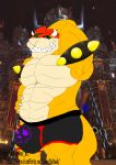  2019 absurd_res anthro barazoku biceps bowser bracelet bulge claws clothing detailed_background digital_media_(artwork) fallbeil front_view grin hair hi_res horn invalid_tag jewelry koopa looking_at_viewer male mario_bros musclegut muscular muscular_male nintendo nude penis red_hair reptile scalie smile solo spiked_bracelet spikes teeth turtle underwear video_games 