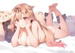  1girl absurdres bare_arms bare_legs bare_shoulders barefoot bed_sheet bikini black_ribbon blonde_hair blush breasts cleavage closed_mouth collarbone commentary_request feet_up full_body gradient_hair hair_flaps hair_ornament hair_ribbon hairclip hands_on_own_cheeks hands_on_own_face highres kantai_collection large_breasts long_hair looking_at_viewer lying multicolored_hair nyum o-ring o-ring_bikini o-ring_top on_stomach pink_hair red_eyes remodel_(kantai_collection) ribbon simple_background smile solo stuffed_animal stuffed_toy swimsuit tareme teddy_bear twitter_username very_long_hair white_background white_bikini yuudachi_(kantai_collection) 
