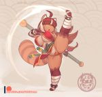  2019 3_toes 4_fingers ailurid anthro bandage belly big_breasts bracelet breasts brown_fur butt camel_toe chaofan cleavage clothed clothing digital_media_(artwork) female fingers flexible fur hair hair_over_eyes high_kick holding_object holding_weapon japanese_clothing jewelry kick long_hair mammal martial_arts midriff multicolored_fur multicolored_hair paws red_fur red_hair red_panda ringtail rope short_stack simple_background spikes spread_legs spreading staff stripes thick_thighs toes weapon white_hair wide_hips yorutamago 