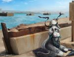  1girl blue_sky bridge chain chained chained_wrists cityscape cloud commentary_request day entombed_air_defense_guardian_hime hair_over_one_eye highres hood hood_up kantai_collection long_hair mizuchi_(mizuchi7118) ocean outdoors pier shinkaisei-kan shore sitting sky smile solo very_long_hair white_hair 