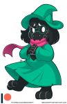  3_toes anthro barefoot belly black_fur bovid caprine clothing deltarune dot_eyes ear_tuft eyewear fangs fur glasses goat hands_together hat headgear headwear hi_res horn looking_at_viewer male mammal nekocrispy ralsei robe scarf simple_background smile toes tuft video_games white_background white_eyes witch_hat 