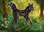  2019 arthropod black_fur black_pawpads blue_eyes butterfly canid canine canis detailed_background digital_media_(artwork) domestic_dog feral flashw forest fur grass grey_fur insect lepidopteran looking_at_viewer mammal pawpads smile solo standing tree wildflowers 
