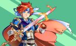  1boy armor blue_cape blue_eyes blue_headband cape fingerless_gloves fire_emblem fire_emblem:_the_binding_blade flaming_sword freckles gloves green_background headband highres holding holding_sword holding_weapon looking_at_viewer male_focus peter_eastwood red_cape red_gloves red_hair roy_(fire_emblem) simple_background smile standing sword weapon 