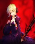  1girl artoria_pendragon_(all) black_bow blonde_hair blurry blurry_background bow braided_bun breasts cleavage dark_excalibur eyebrows_visible_through_hair fate/stay_night fate_(series) frilled_sleeves frills hair_between_eyes hair_bow head_tilt highres holding holding_sword holding_weapon huge_filesize long_skirt long_sleeves looking_at_viewer medium_breasts open_mouth purple_skirt purple_sleeves red_background rushi_(bloodc) saber_alter short_hair shrug_(clothing) sideboob skirt skirt_set solo sword weapon wide_sleeves yellow_eyes 