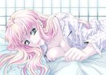  1girl bed_sheet blue_eyes breasts cleavage closed_mouth hair_between_eyes indoors kawarajima_kou long_hair long_sleeves looking_at_viewer lying macross macross_frontier medium_breasts nipples on_bed on_side open_clothes open_shirt pajamas pink_hair polka_dot_skirt sheryl_nome shirt smile solo upper_body white_shirt 