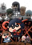  3boys 5girls alternate_costume black_hair blonde_hair blue_hair blush brown_hair character_request chiban closed_mouth cosplay crayon_shin-chan crossover eyepatch glasses green_hair hair_ribbon hat highres hime_cut kill_la_kill kiryuuin_satsuki long_hair matoi_ryuuko multicolored_hair multiple_boys multiple_girls open_mouth parody pink_hair ribbon school_uniform scissor_blade shaded_face shadow skirt skull smile sword thick_eyebrows twintails uniform weapon 