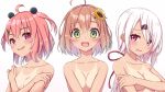  3girls :d ahoge bangs blush breasts brown_hair collarbone commentary_request covering covering_breasts embarrassed eyebrows_visible_through_hair fang flower fuji_yoshida green_eyes hair_flower hair_ornament hair_ribbon hairclip honma_himawari long_hair looking_at_viewer low_ponytail medium_breasts mole mole_under_eye multiple_girls nijisanji nude one-piece_tan open_mouth parted_lips pink_eyes pink_hair purple_eyes purple_ribbon ribbon sasaki_saku shiina_yuika short_hair simple_background skin_fang small_breasts smile sunflower_hair_ornament tan tanline tareme two_side_up upper_body upper_teeth virtual_youtuber white_background white_hair 