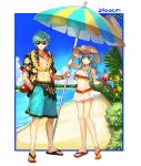  1boy 1girl 2900cm beach beach_umbrella bikini blue_hair bracelet cargo_pants cup eirika ephraim fire_emblem fire_emblem:_the_sacred_stones fire_emblem_heroes flower flower_necklace hat holding holding_drink jewelry long_hair necklace ocean open_clothes open_shirt pants sand sandals shirt short_hair siblings skirt straw_hat sunglasses swimsuit tea twins umbrella 