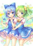  2girls :d ;d ahoge bangs blue_bow blue_dress blue_eyes blue_hair blue_wings blush bobby_socks bow breasts cirno collared_shirt commentary_request daiyousei dress eyebrows_visible_through_hair fairy_wings frilled_dress frills green_hair hair_between_eyes hair_bow ice ice_wings long_hair multiple_girls neck_ribbon one_eye_closed one_side_up open_mouth outstretched_arm pjrmhm_coa puffy_short_sleeves puffy_sleeves red_ribbon ribbon shirt short_sleeves sleeveless sleeveless_dress small_breasts smile socks standing standing_on_one_leg star touhou transparent_wings white_legwear white_shirt wings yellow_bow 