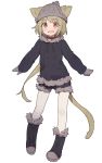  1girl animal_ears boots cat_ears cat_tail collar cross-laced_footwear fang fur-trimmed_jacket fur-trimmed_shorts fur_trim hat highres jacket light_brown_hair long_hair mittens open_mouth original pantyhose shone shorts sketch tail woollen_cap 