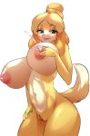  2019 5_fingers alternate_version_at_source animal_crossing anthro bodily_fluids breasts brown_eyes canid canine canis domestic_dog female fingers fluffy fluffy_tail foldblank fur hand_on_breast isabelle_(animal_crossing) lactating looking_at_viewer mammal navel nintendo nipples nude portrait pussy shih_tzu simple_background solo three-quarter_portrait tongue tongue_out toy_dog video_games white_background yellow_fur 