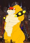  2019 absurd_res anthro barazoku biceps bowser bracelet claws detailed_background digital_media_(artwork) fallbeil front_view grin hair hi_res horn invalid_tag jewelry koopa looking_at_viewer male mario_bros musclegut muscular muscular_male nintendo nude red_hair reptile scalie smile solo spiked_bracelet spikes teeth turtle video_games 