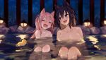  2girls :d animal_ears bangs black_hair blue_scrunchie blush breasts brown_hair cat_ears closed_eyes collarbone commentary_request eyebrows_visible_through_hair hair_between_eyes hair_ornament hair_scrunchie knees_up lantern large_breasts long_hair multicolored_hair multiple_girls night night_sky nude open_mouth original outdoors partially_submerged pink_hair purple_eyes roll_okashi rubber_duck scrunchie side_ponytail sitting sky smile star_(sky) starry_sky two-tone_hair wavy_mouth 
