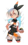  1girl blue_eyes breasts dark_skin grey_eyes grey_hair hairband highres pokemon pokemon_(game) pokemon_swsh saitou_(pokemon) shirt short_hair shorts solo soyoong_jun white_shirt 