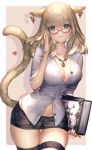  1girl adjusting_eyewear animal_ears aqua_eyes bangs belly_peek black_skirt blush book breasts buttons cat_ears cat_tail cleavage collarbone cowboy_shot ear_piercing final_fantasy final_fantasy_xiv glasses grey_shirt hand_up heart holding holding_book jewelry large_breasts long_hair looking_at_viewer microskirt miqo&#039;te navel necklace outside_border partially_unbuttoned piercing red-framed_eyewear senchat shadow shirt skirt smile solo standing tail thigh_gap thighhighs thighs twitter_username zettai_ryouiki 