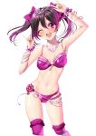  1girl \m/ bikini black_hair bow bracelet breasts collarbone commentary_request contrapposto cowboy_shot frilled_legwear hair_bow highres jewelry looking_at_viewer love_live! love_live!_school_idol_project medium_breasts navel necklace nico_nico_nii one_eye_closed pink_bikini pink_legwear red_eyes sen_(sansui) shiny shiny_clothes smile solo standing swimsuit thighhighs tiara twintails white_background yazawa_nico 