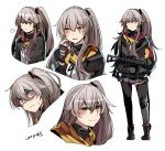  1girl =3 bangs black_legwear blush character_name closed_mouth exoskeleton expressions eyebrows_visible_through_hair girls_frontline gloves grey_hair gun h&amp;k_ump45 hair_between_eyes hair_ornament ido_(teketeke) jacket long_hair looking_at_viewer multiple_views one_side_up pantyhose scar scar_across_eye scratching_cheek shaded_face shirt simple_background skirt smile sweatdrop ump45_(girls_frontline) weapon white_background white_shirt yellow_eyes 