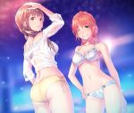  2girls absurdres anbe_yoshirou arm_up ass bangs bare_arms bare_shoulders bikini blurry blurry_background blush breasts brown_hair character_request cleavage commentary_request eyebrows_visible_through_hair fingernails from_behind green_eyes grin hand_on_hip hand_on_own_head highres lips long_hair looking_at_viewer looking_back medium_breasts multiple_girls navel one_eye_closed orange_hair parted_lips school_girl_strikers see-through shiny shiny_hair side-tie_bikini smile stomach swimsuit teeth thighs wet wet_clothes 