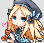  1girl abigail_williams_(fate/grand_order) beret blonde_hair blue_bow blue_dress blue_eyes blush bow chibi commentary dress fate/grand_order fate_(series) grey_background hair_bow hat heart long_hair looking_at_viewer lowres reina_(black_spider) simple_background sitting smile solo stuffed_animal stuffed_toy teddy_bear 