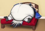  anthro avian bed belly big_belly bird blue_feathers blue_jay chubby_cheeks corvid cursoryexploration feathers hand_on_stomach hyper hyper_belly inside jay_(bird) lying male morbidly_obese new_world_jay nude obese on_back on_bed overweight solo talons white_feathers wings 
