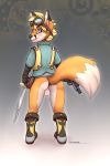  absurd_res anthro anus backsack balls blue_eyes bottomless butt canid canine clothed clothing eyewear_on_head fox full-length_portrait hi_res holding_object holding_weapon jamesfoxbr looking_at_viewer looking_back male mammal multicolored_ears perineum portrait rear_view solo two_tone_ears two_tone_tail weapon 