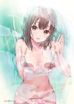  1girl against_glass arm_behind_back bare_arms bare_shoulders bikini breasts brown_eyes brown_hair cleavage collarbone commentary_request hanekoto highres long_hair looking_at_viewer medium_breasts navel original parted_lips pink_bikini smile solo swimsuit twitter_username upper_body water wet 