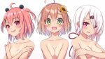  3girls :d ahoge bangs blush breasts brown_hair collarbone covering covering_breasts embarrassed eyebrows_visible_through_hair fang flower fuji_yoshida green_eyes hair_flower hair_ornament hair_ribbon hairclip honma_himawari long_hair looking_at_viewer low_ponytail medium_breasts mole mole_under_eye multiple_girls nijisanji nude one-piece_tan open_mouth parted_lips pink_eyes pink_hair purple_eyes purple_ribbon ribbon sasaki_saku shiina_yuika short_hair simple_background skin_fang small_breasts smile sunflower_hair_ornament tan tanline tareme two_side_up upper_body upper_teeth virtual_youtuber white_background white_hair 