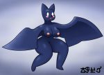  2019 anthro bat_(cave_story) biped blue_bat blue_skin blush breasts cave_story chiropteran digital_drawing_(artwork) digital_media_(artwork) dot_eyes enemy female happy hi_res jose-497 mammal nipples nude open_mouth signature simple_background smile solo thick_thighs video_games white_eyes wide_hips wings 