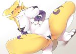 anthro big_breasts blush breasts camel_toe canid clothing digimon digimon_(species) faeki female half-closed_eyes hand_on_stomach looking_down mammal renamon simple_background solo voluptuous 