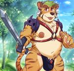  2019 anthro balls_outline bulge clothed clothing ear_piercing felid green_hair hair harness hi_res loneliestbara male mammal melee_weapon navel nipples outside pantherine piercing red_eyes skimpy solo sword tiger tongue tongue_out tree weapon 