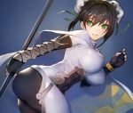  armor ass black_hair blue bodysuit breasts cape cropped elbow_gloves fate/grand_order fate_(series) gloves gradient green_eyes qin_liangyu short_hair skintight staff taishi weapon wristwear 