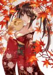  1girl alternate_costume animal_print asle autumn_leaves black_hair breasts cat_print collarbone commentary_request date_a_live flower from_side hair_flower hair_ornament holding japanese_clothes kimono large_breasts leaf long_hair long_sleeves red_eyes red_kimono smile solo tokisaki_kurumi translation_request twintails wide_sleeves yellow_eyes 