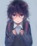  1girl asasow backpack bag bangs blue_background cardigan eyebrows_visible_through_hair glasses jimiko looking_at_viewer messy_hair open_mouth original purple_eyes purple_hair school_uniform shirt simple_background solo 