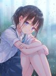  1girl bangs bare_legs blue_eyes blue_skirt blurry blurry_background blush crossed_arms eyebrows_visible_through_hair eyes_visible_through_hair feet_out_of_frame fingernails fukahire_(ruinon) hair_between_eyes head_tilt indoors knees_up leg_hug looking_at_viewer necktie original parted_lips pleated_skirt ponytail rain sailor_collar school_uniform serafuku shirt short_ponytail short_sleeves sidelocks sitting skirt solo white_neckwear white_shirt window 